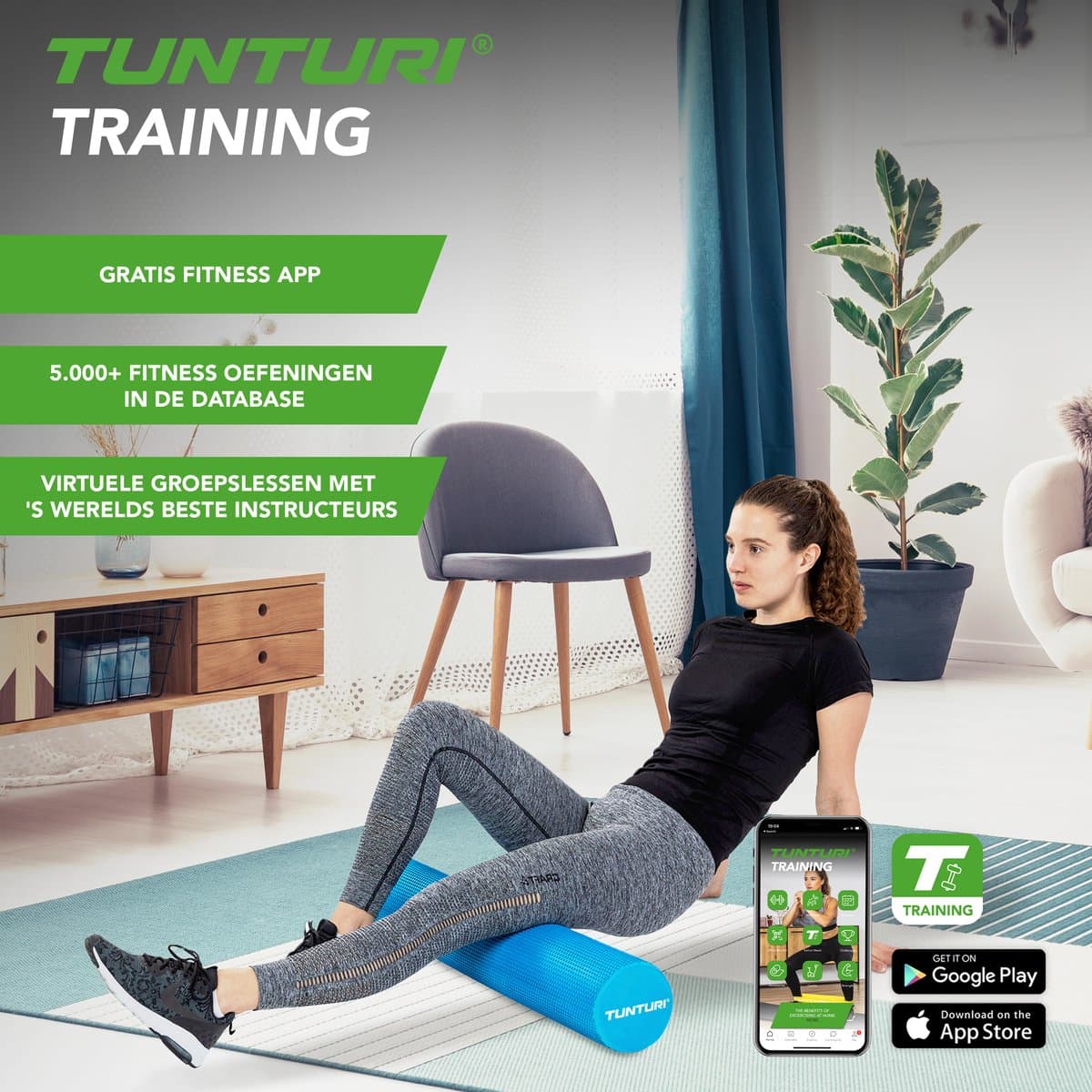 Tunturi Yoga Foam Roller - Massage Roller - Yoga Roller- EVA - 40cm - Incl. gratis fitness app thumbnail 2