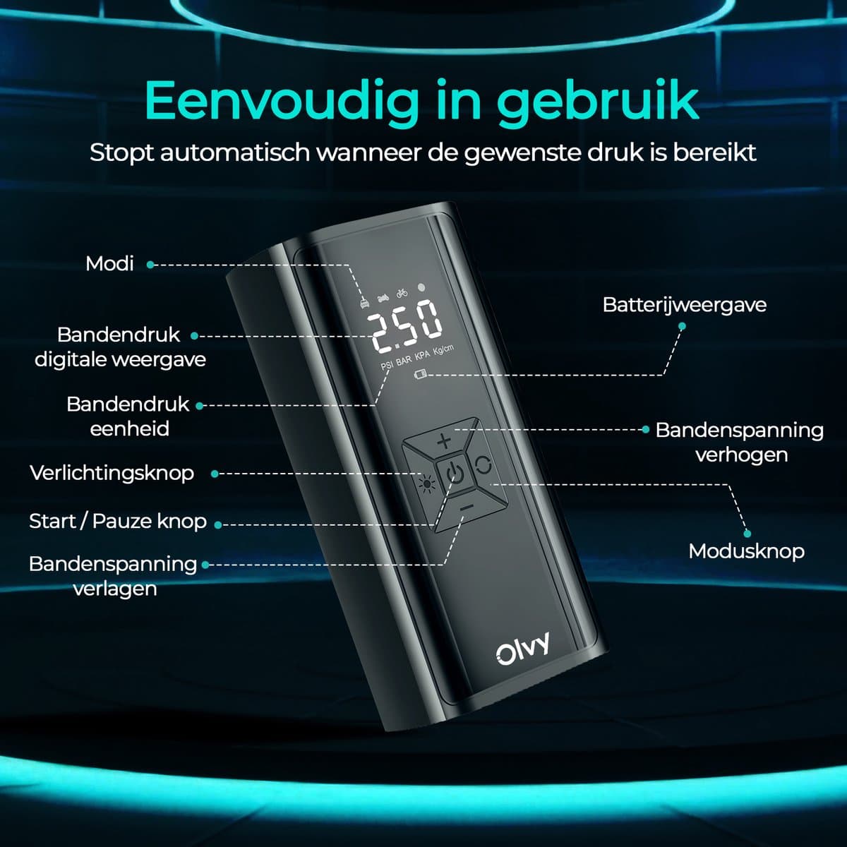 Olvy Compressor Bandenpomp - Draagbare Luchtcompressor - 7000 mAh - Elektrische Fietspomp - Fiets/Auto/Motor/Bal/Luchtbed thumbnail 2