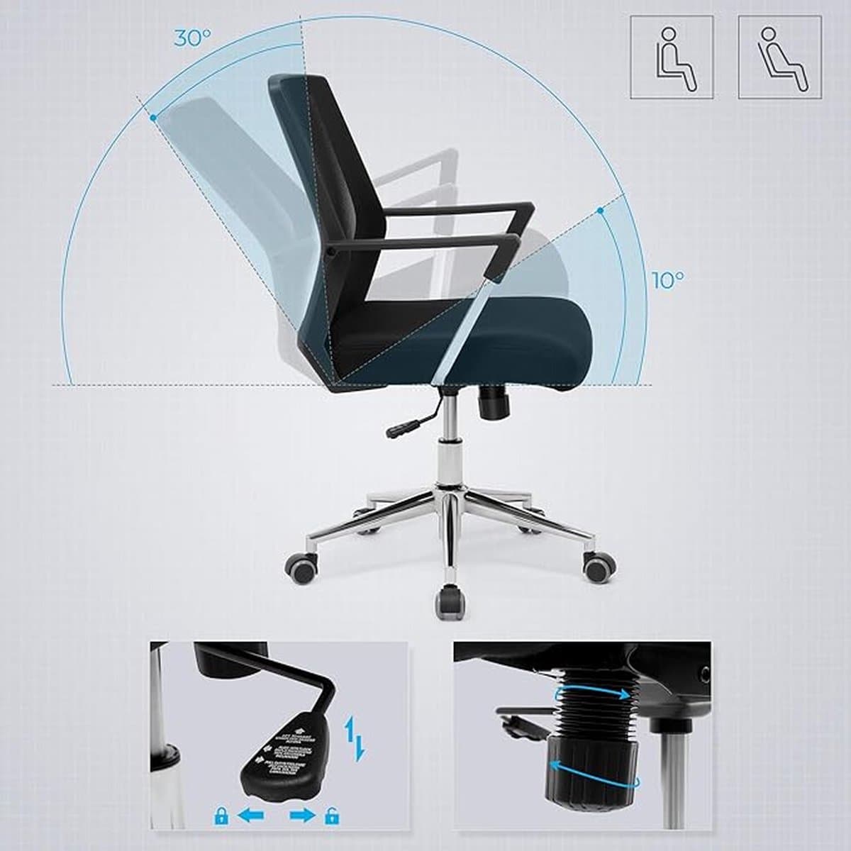 MAZAZU Ergonomische Bureaustoel - Ademend Mesh - Zwart - Met Kantelfunctie & Chroom Onderstel - Compacte Kantoorstoel voor Thuiswerken - Verstelbaar thumbnail 4