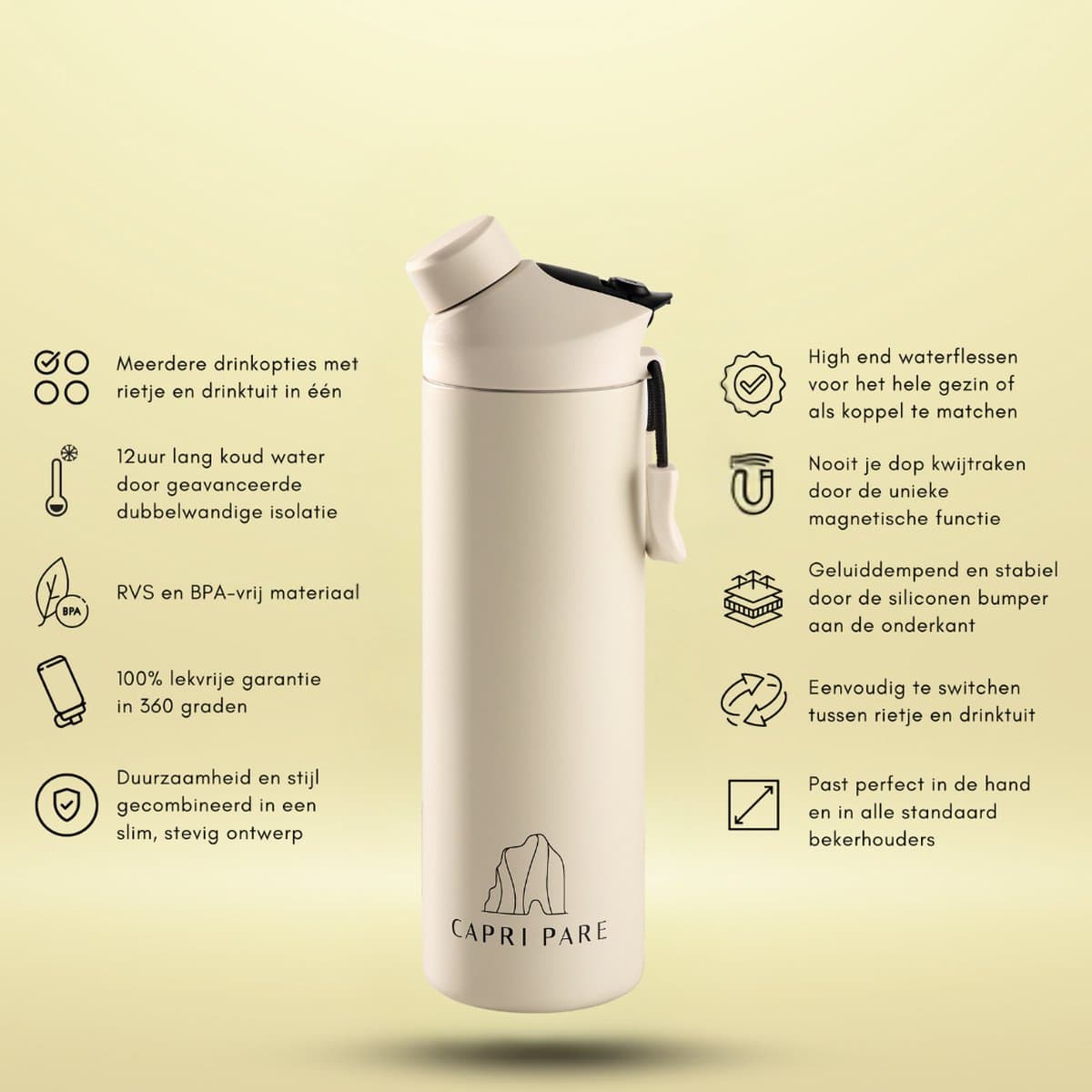 CAPRI PARE Luxe Waterfles - 750ml - RVS - Beige - Waterfles met Rietje en Drinktuit - Dubbelwandig - Lekvrij - Magnetische dop - BPA-vrij - Drinkfles voor volwassenen en kinderen - Ideaal voor Sport - Insulated - Drinkflessen - Waterflessen thumbnail 3