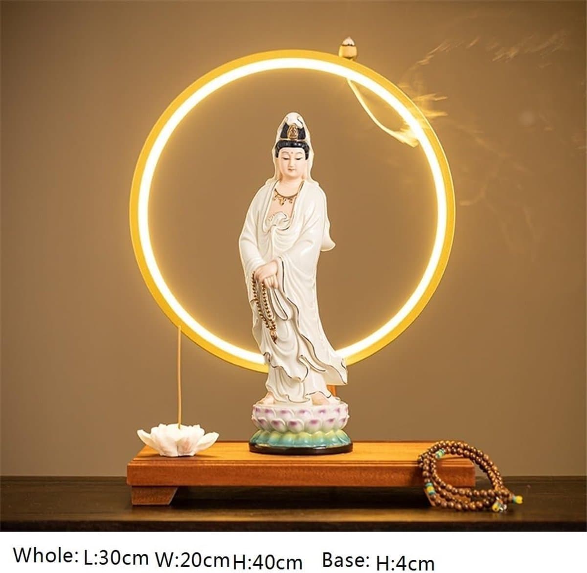 Boeddha beeld - Zen ornament - Ruimte decoreren - Met lichtring - 30.5 cm hoog - Geel thumbnail 6