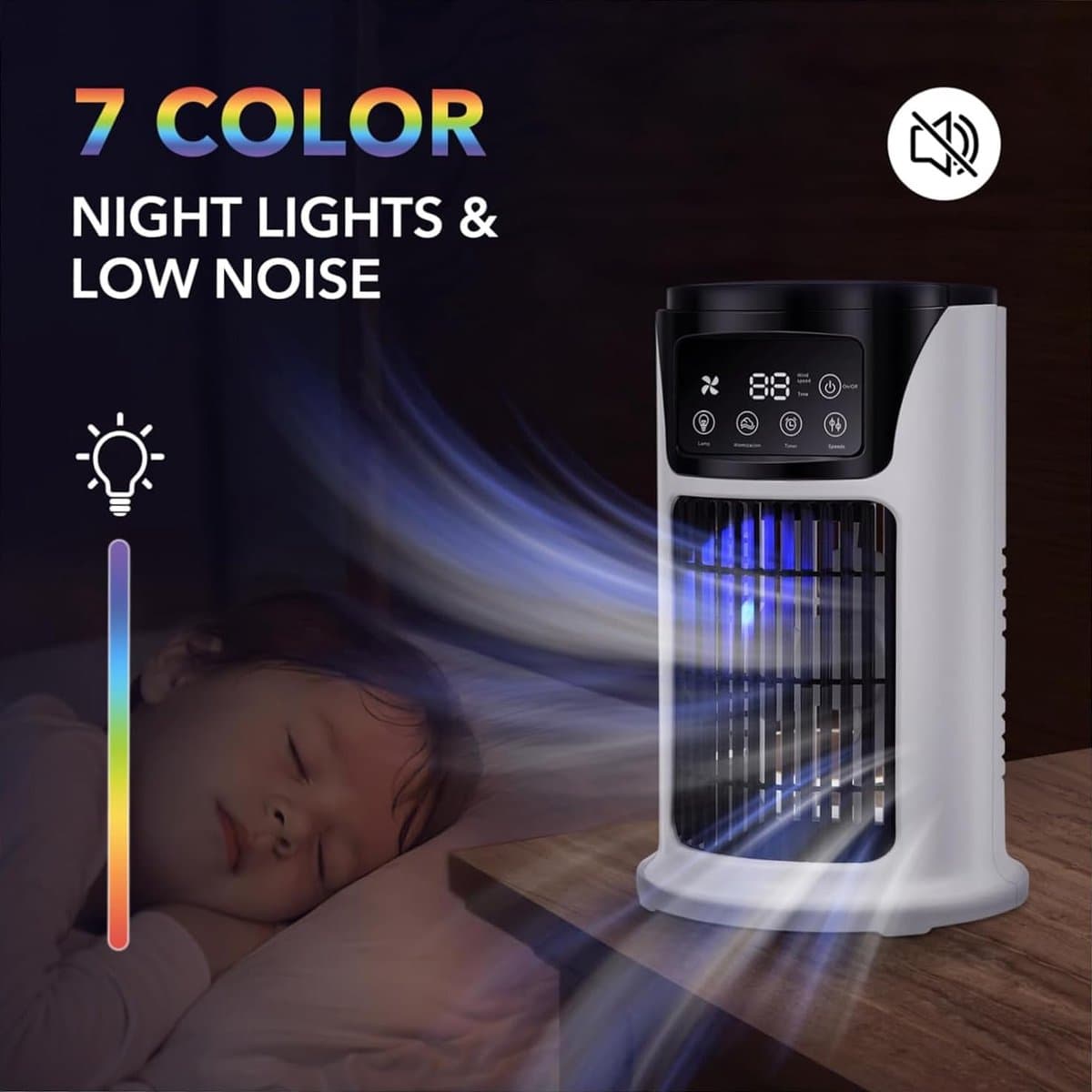 Draagbare airco, luchtbevochtiger en ventilator met sfeerverlichting – USB-koelunit (3-in-1-functie); onmisbare draagbare USB-koeler/ventilator voor kantoor en thuisgebruik thumbnail 2