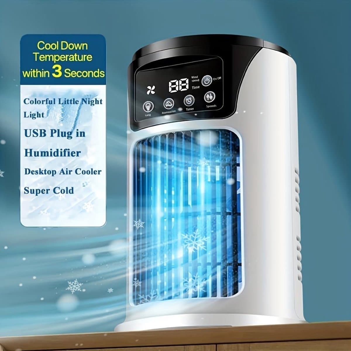 Draagbare airco, luchtbevochtiger en ventilator met sfeerverlichting – USB-koelunit (3-in-1-functie); onmisbare draagbare USB-koeler/ventilator voor kantoor en thuisgebruik thumbnail 8