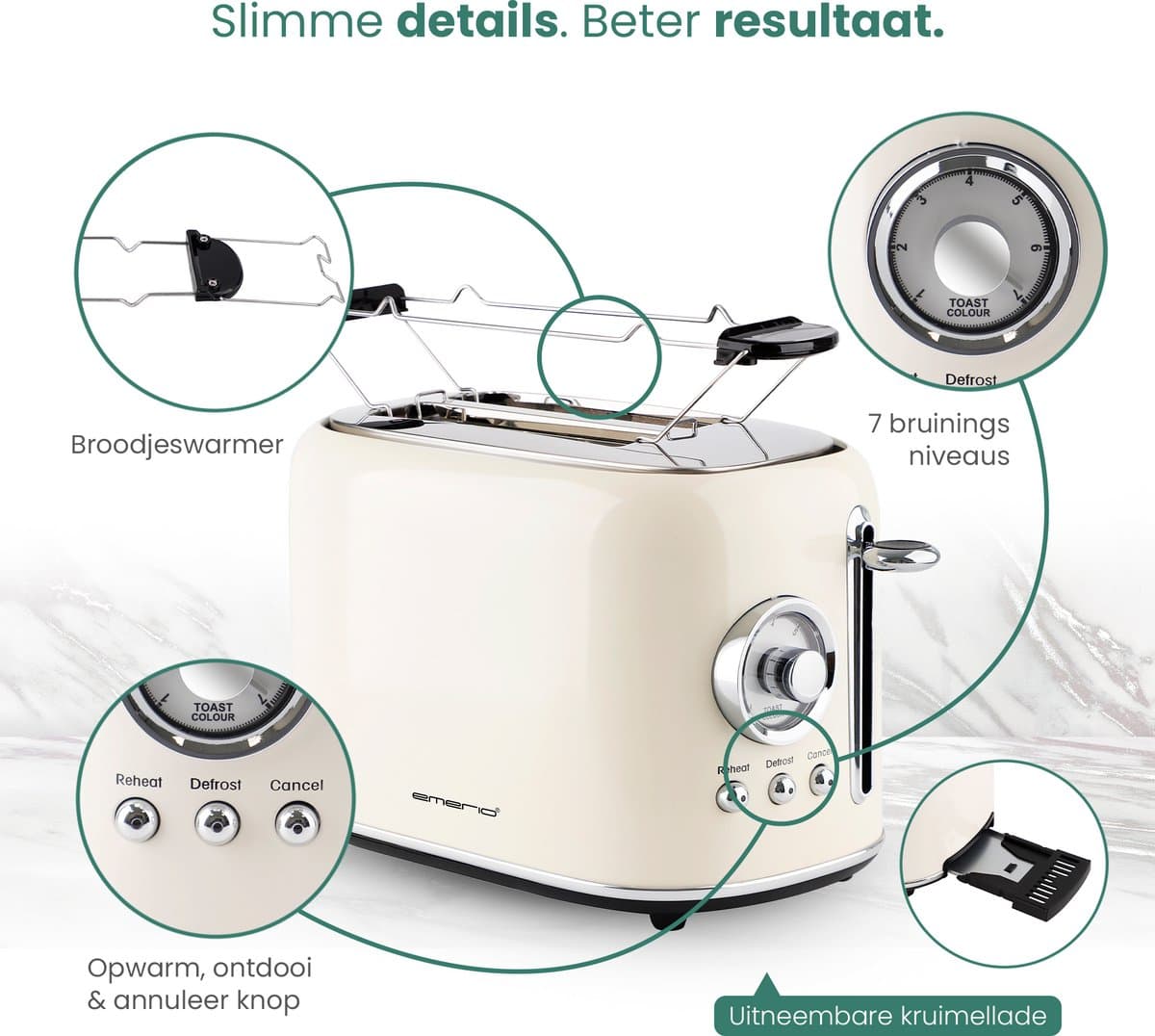 Emerio Retro Broodrooster - 800W Toaster - 2 Sleuven - Broodjeswarmer - 7 Temperatuur instellingen - Kruimellade - TO-133281.1 Creme thumbnail 2