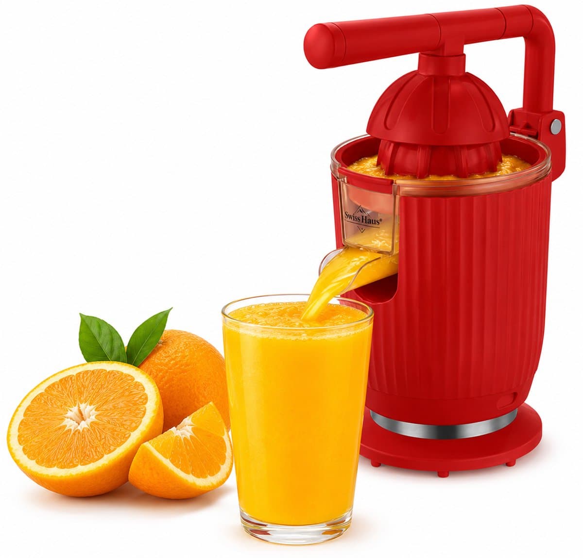 Swiss Haus® CJ1914 Citruspers Elektrisch - 140W – Elektrische Sinaasappelpers met Pershendel – 2 Perskegels – Verse Sinaasappelsap – Afneembare Onderdelen – Rood thumbnail 2