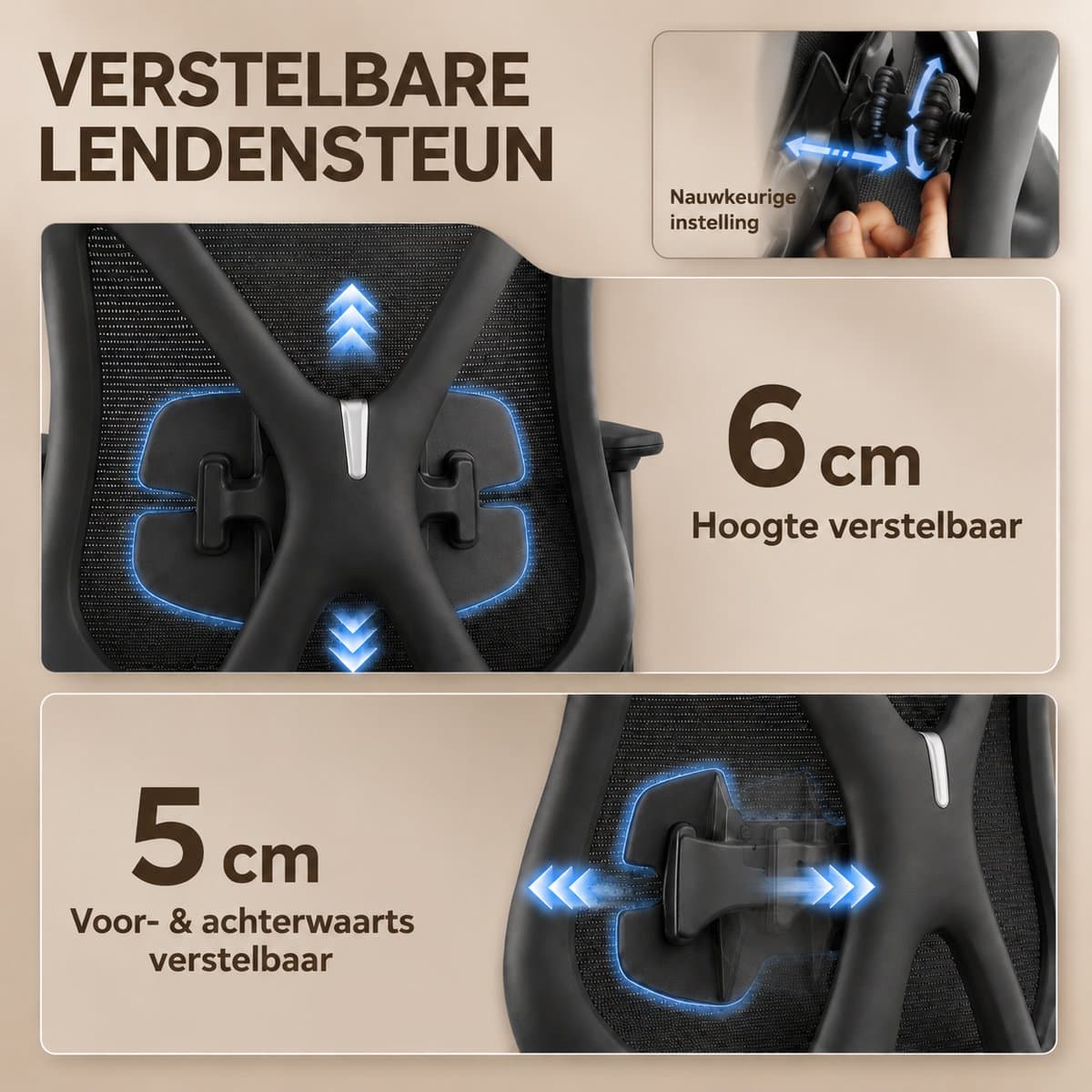 Durrafy Ergonomische Bureaustoel 200 kg - NEN-EN1335 Gecertificeerd - Bureaustoelen voor Volwassenen - Office Chair - Computerstoel met 2D Hoofdsteun, 3D Armleuningen, Lendensteun, Zitdiepteverstelling en Ademend Mesh - Zwart thumbnail 8