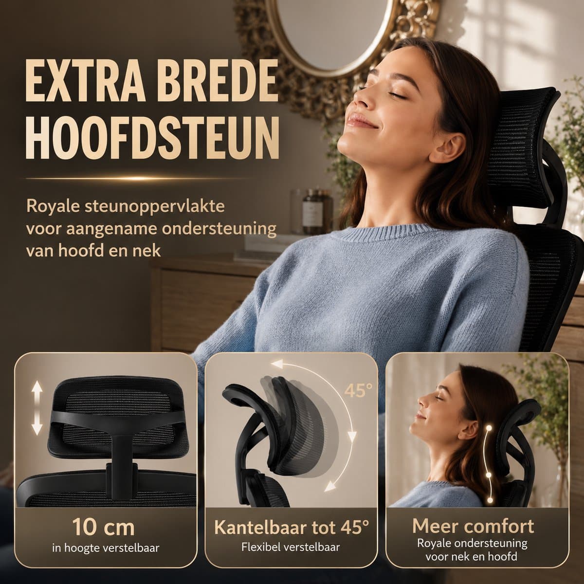 Durrafy Ergonomische Bureaustoel 200 kg - NEN-EN1335 Gecertificeerd - Bureaustoelen voor Volwassenen - Office Chair - Computerstoel met 2D Hoofdsteun, 3D Armleuningen, Lendensteun, Zitdiepteverstelling en Ademend Mesh - Zwart thumbnail 5