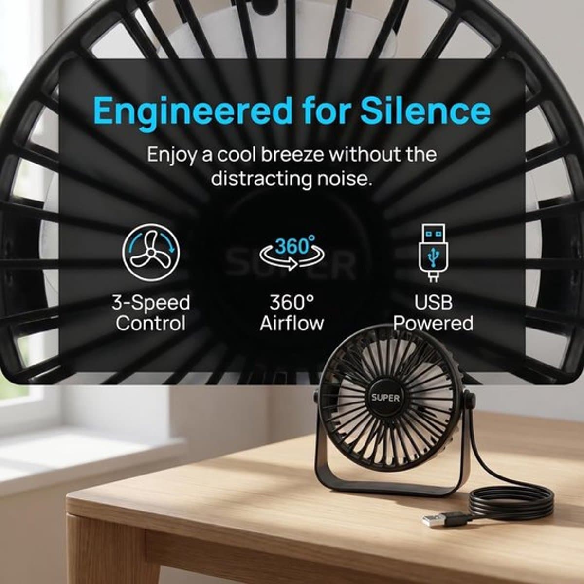 Solvix tafel ventilator geluidloos - USB Tafelventilator - Zwarte Mini Ventilator - 3 Snelheden - 360° Draaibaar - Voor Thuis, Kantoor en Camping thumbnail 3