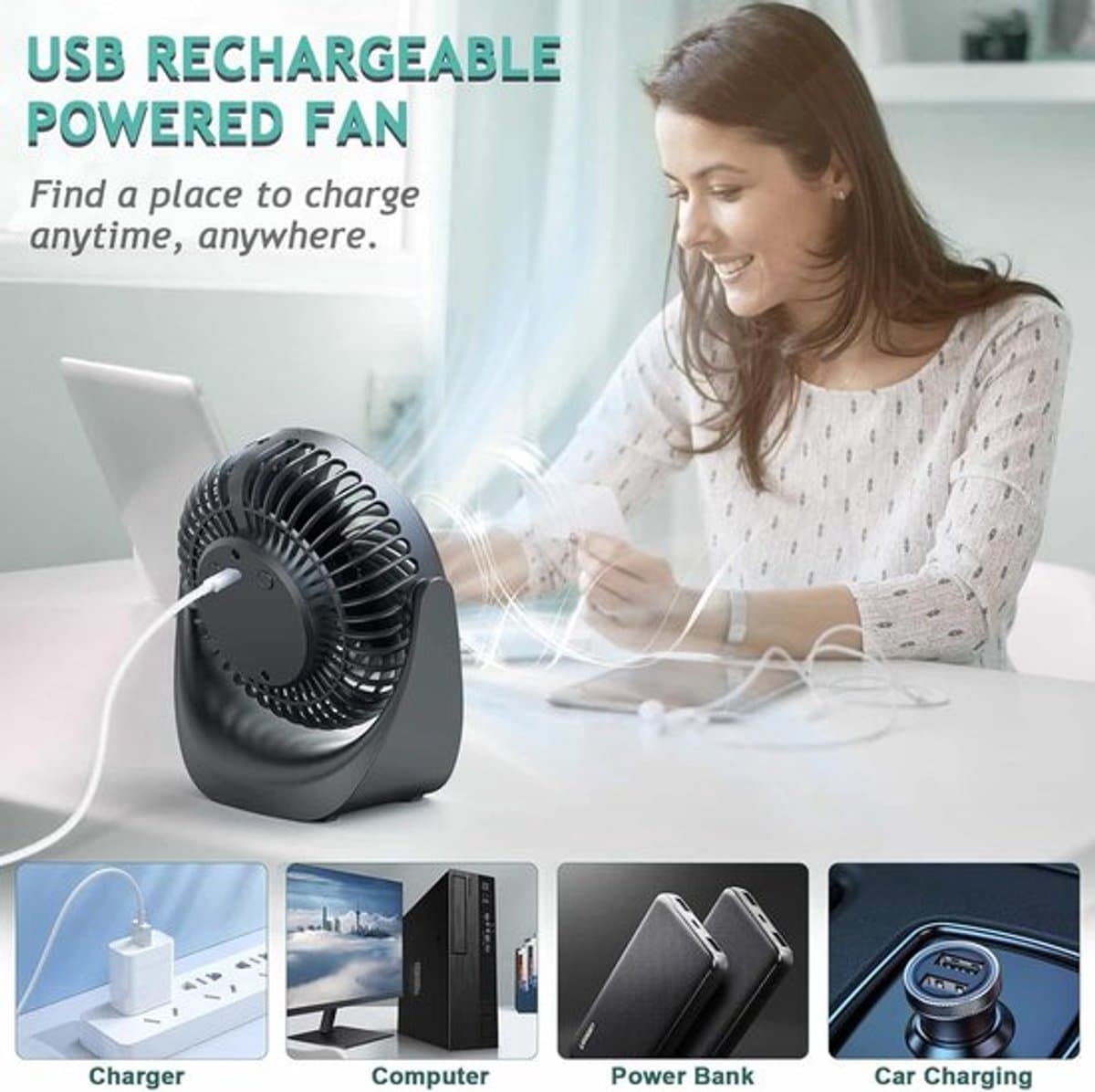 Solvix tafel ventilator geluidloos - Bureauventilator - Zwart - Oplaadbare 4000 mAh Accu - 5 Snelheden - Voor Thuis en Op Kantoor thumbnail 2