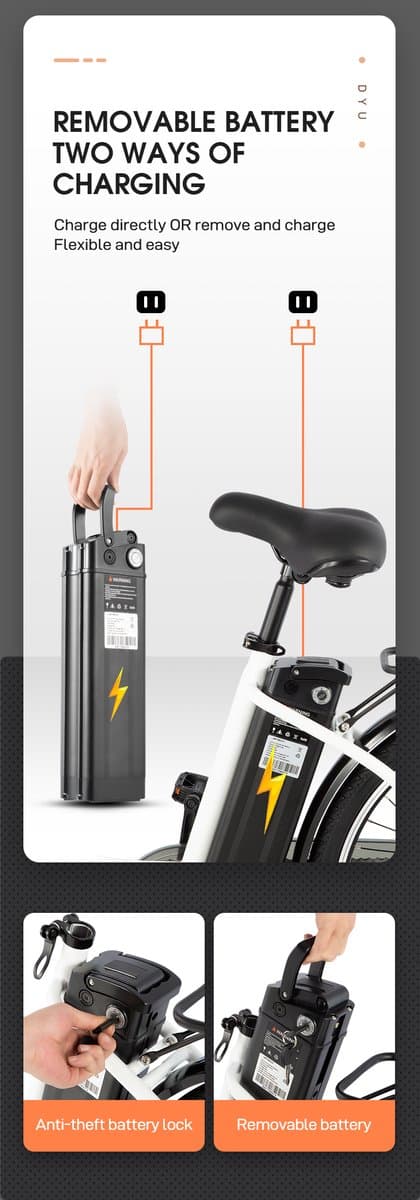DYU C6 E-Bike - 26 inch - 43km actieradius - 250W motor - 36V 12,5Ah accu - Dubbele schijfremmen - Maximaal laadvermogen 120 kg - zwart thumbnail 2