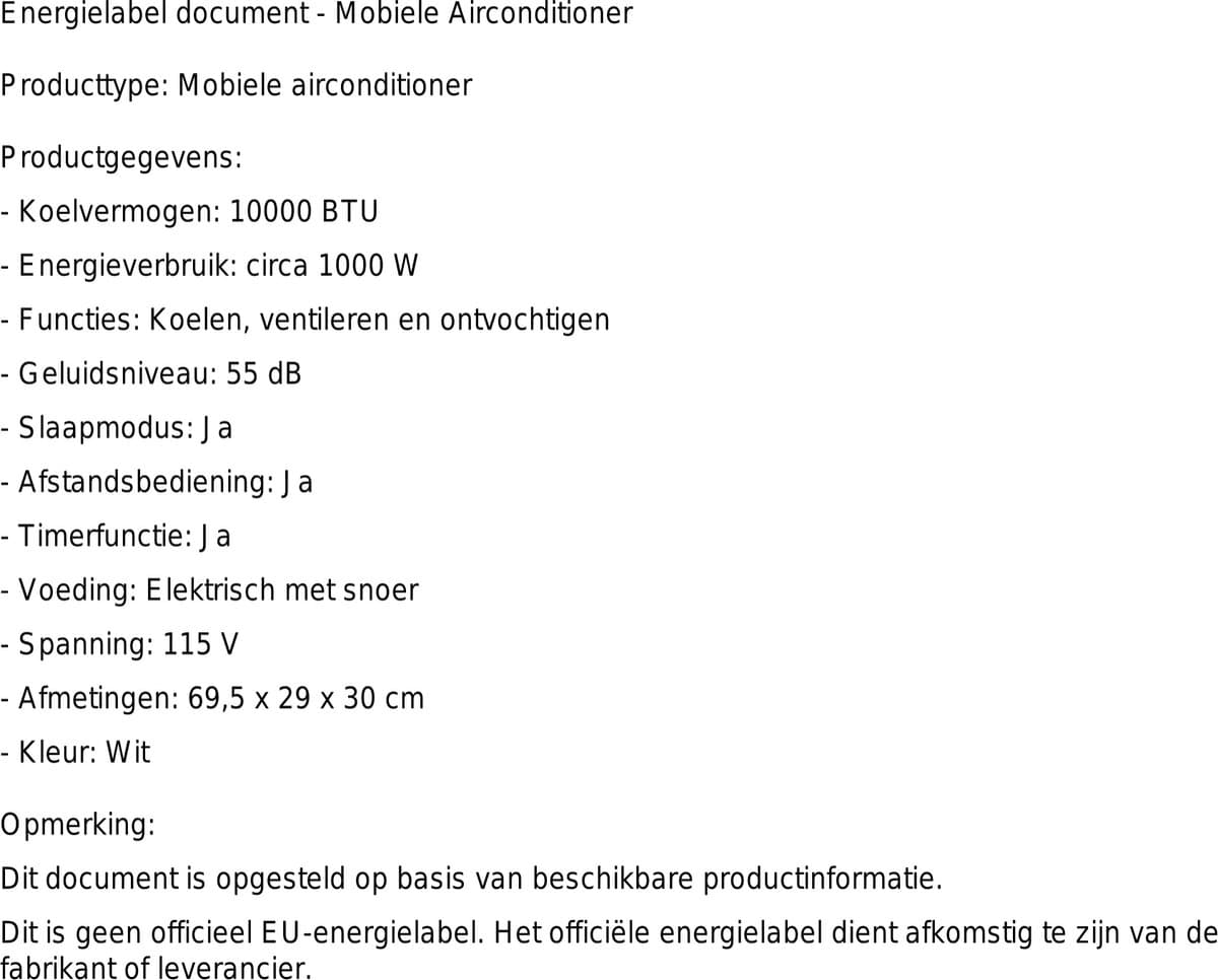Mobiele airco 10000 BTU stil draagbaar met ontvochtiger, ventilator en slaapmodus 3-in-1 functie thumbnail 2