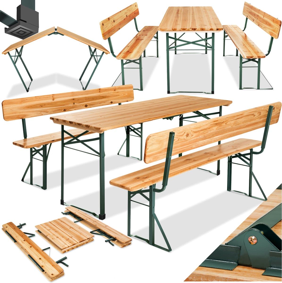tectake® Biertafel met 2 Banken - 8 personen - 170 cm lang - 3-delige Biertafelset met Inklapbare Tafel en Banken met Rugleuningen - Tuintafel - Bierbank Oktoberfest