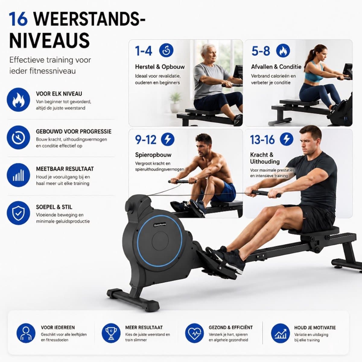 Sportfloww Roeitrainer - Roeimachine Met App - Inklapbaar Roeiapparaat - 16 Weerstandniveaus - Tot 195cm thumbnail 7