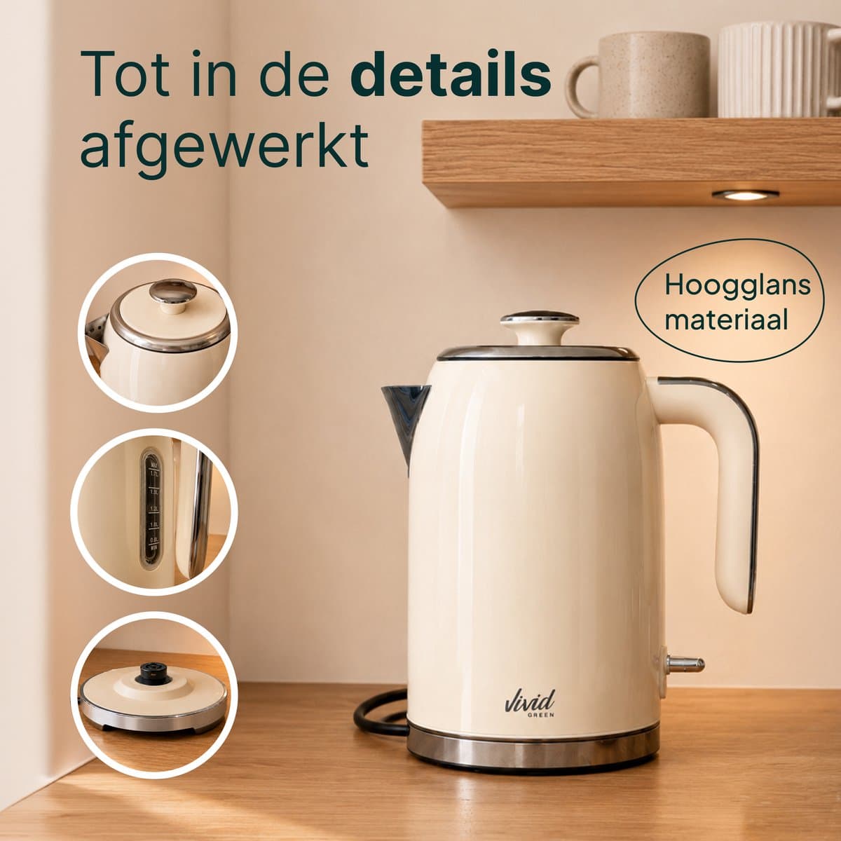 Vivid Green Luxe Waterkoker 1.7L - Retro Design - 2200W - BPA-vrij - 360° - RVS - Creme thumbnail 4