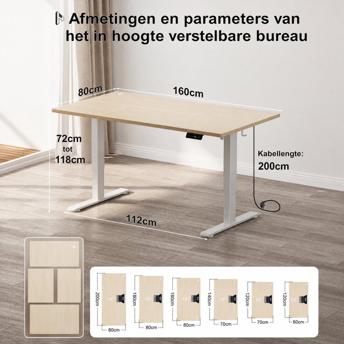 Devoko Elektrisch Zit-Sta Bureau 160x80 cm – 18 mm Dik Tafelblad – 3 Geheugenstanden – USB en Zit-alarm – Kabelmanagement – Wit frame met houtkleurig blad thumbnail 2