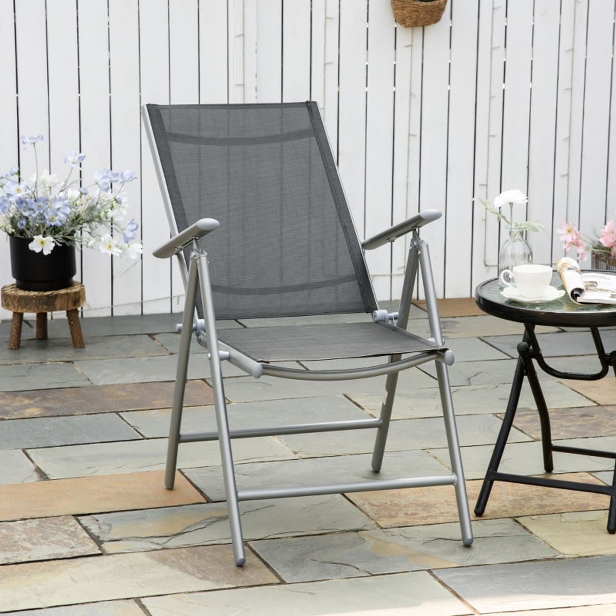 Set van 2 opvouwbare tuinstoelen van aluminium en Texteline met in 7 standen verstelbare rugleuning, zwart, 65 x 55 x 85–105 cm thumbnail 7