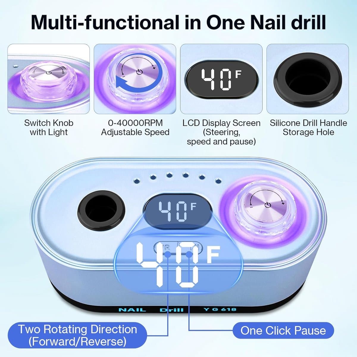 SnelShoppen - Professionele Nageldroger 40000RPM, Elektrische Nagelvijl voor Acryl en Gel Nagels, Multifunctioneel Nagelset met 12 Bits, Luminous Touc thumbnail 7