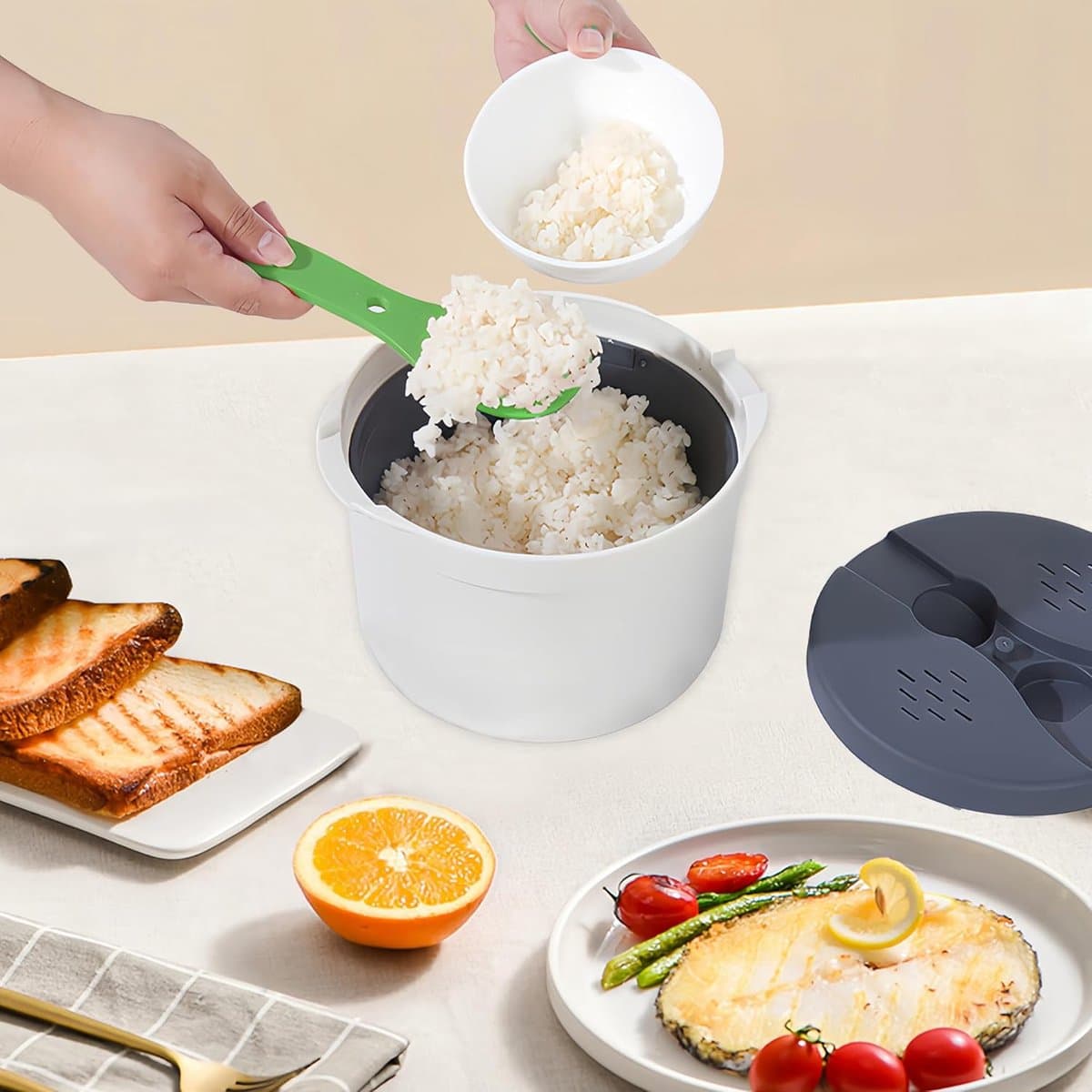 SnelShoppen - Microwave Rice Cooker 2L - Rijststomer, Magnetron Rijstkoker, Stoomkoker voor Groenten, Duurzaam en Geurloos PP Materiaal voor Perfect G thumbnail 5