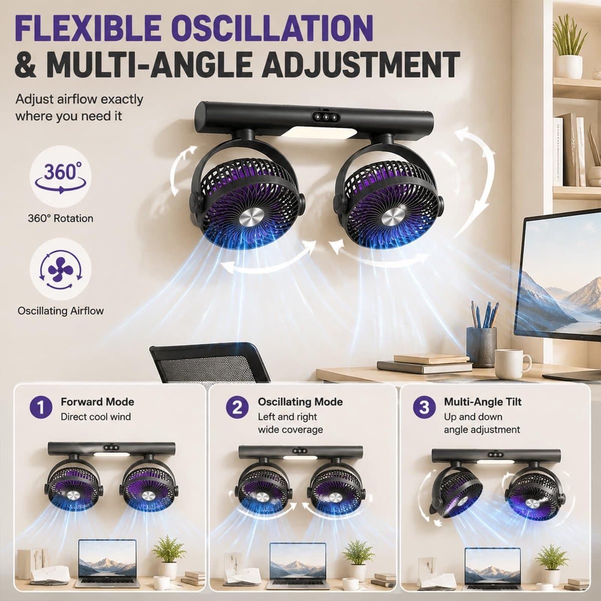 Kraftverdia® Dubbele Luchtcirculator – USB Oplaadbare Bureauventilator met 2 Ventilatorkoppen – Tafel-, Hang- en Wandventilator – 3 Snelheden – LED Verlichting – Type-C – Grijs thumbnail 4