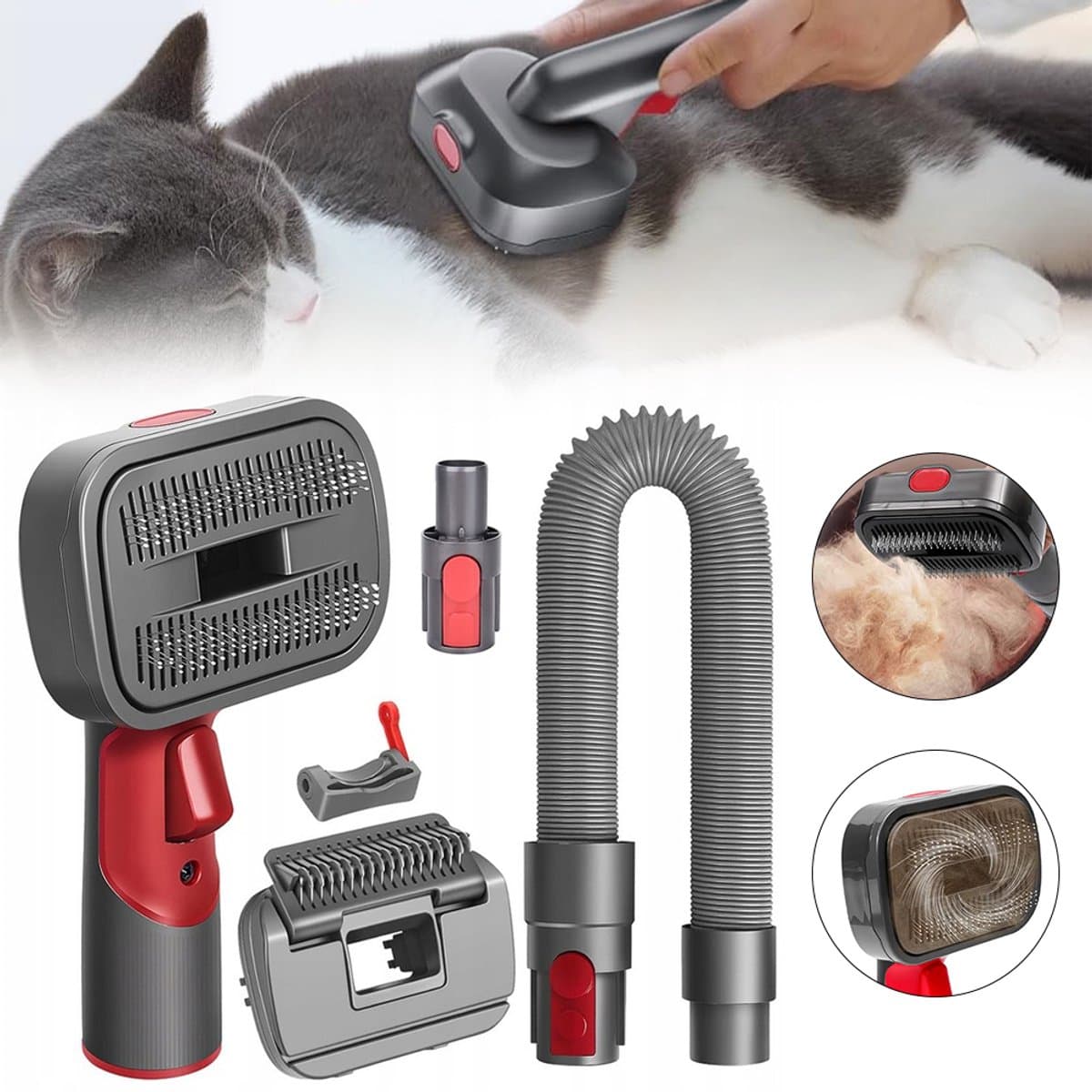 2-in-1 huisdierborstelset voor Dyson V7/V8/V10/V11/V15 – Huisdierborstelset – Voor katten en honden – Huisdierverzorging – Zelfreinigend en zacht – Grijs-rood