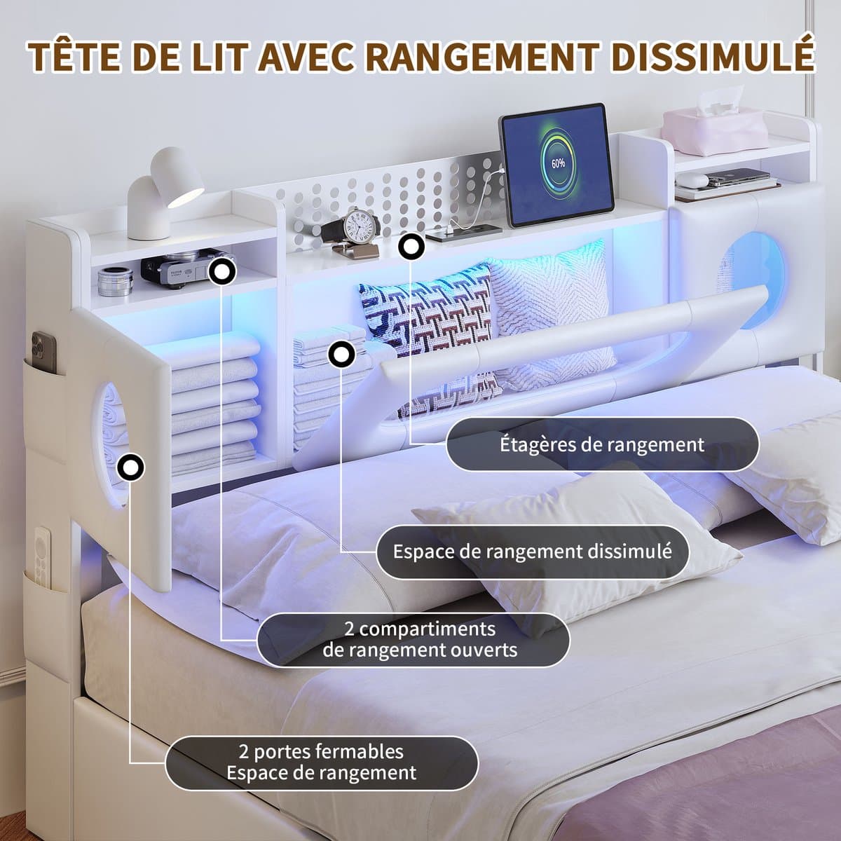 Gasveerbed 160x200 cm met LED-hoofdbord, USB en Type-C, opbergvak en opbergruimte onder het bed – ideaal voor lezen, ontspannen en opladen – Wit thumbnail 5