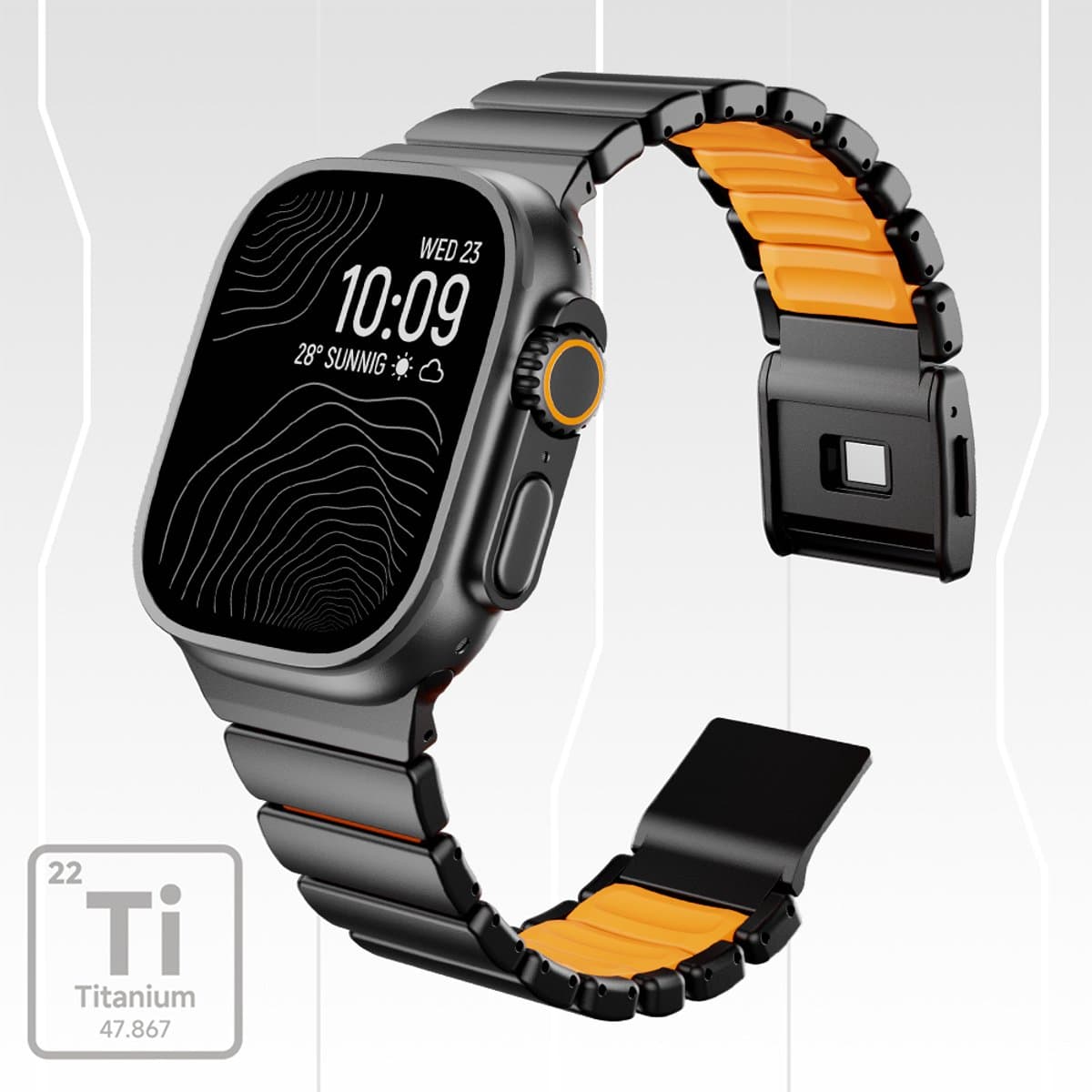 Stravo Premium Magnetisch Titanium Horlogeband met Siliconen Binnenlaag voor Apple Watch 46mm (Series 10/11) / 45mm (Series 7/8/9) / 44mm (Series 4/5/6/SE) / 49mm (Ultra 1/2/3) – Luxe bandje - Zwart / oranje thumbnail 8