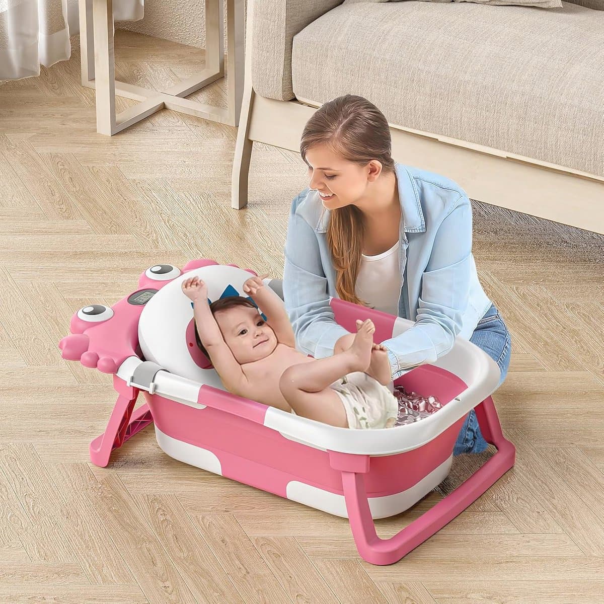 Opvouwbare babybadkuip met temperatuurmonitor en drijvend kussen - Draagbaar reisbad voor baby's 0-36 maanden thumbnail 3
