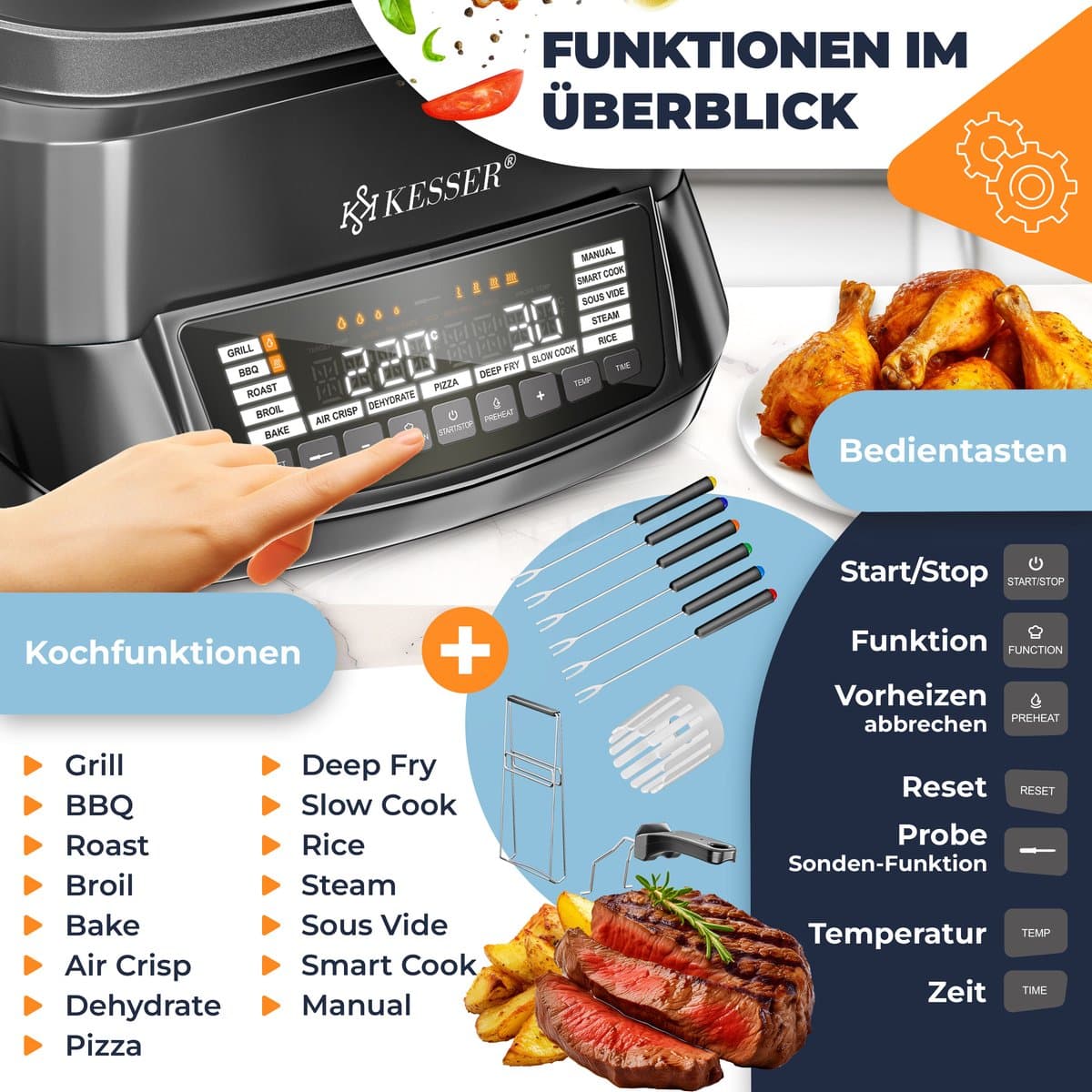 KESSER® Multicooker Airfryer 8L met 16 Kookfuncties Inclusief Stoomkoker, Rijstkoker, Grill Apparaat thumbnail 3