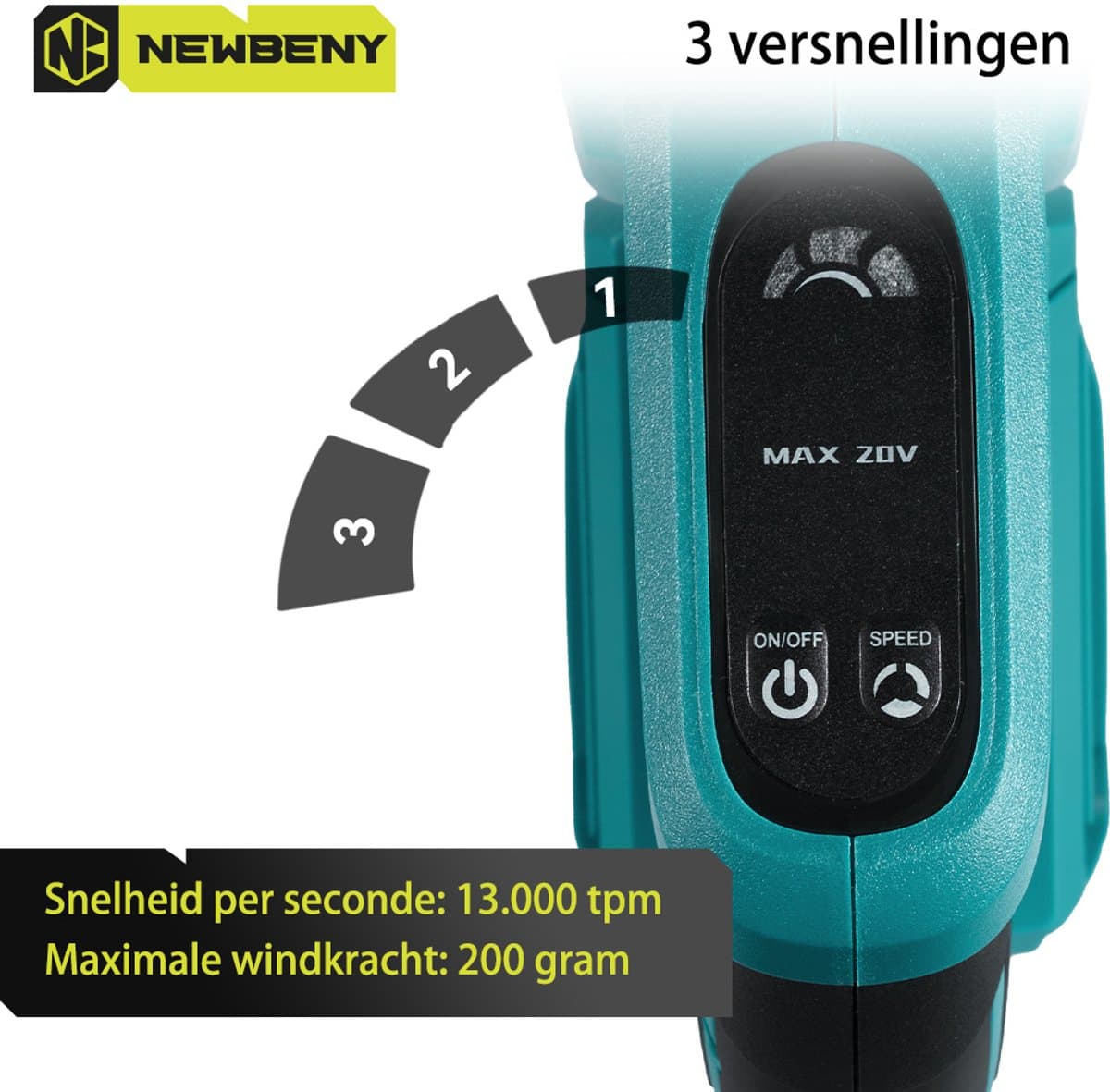 NewBeny Accu Bladblazer 21V - 252 km/u Draadloze Bladblazer - met 2 accu's - 3 versnellingen - Elektrische Bladblazer - voor gazononderhoud, sneeuwblazen, stofverwijdering thumbnail 5