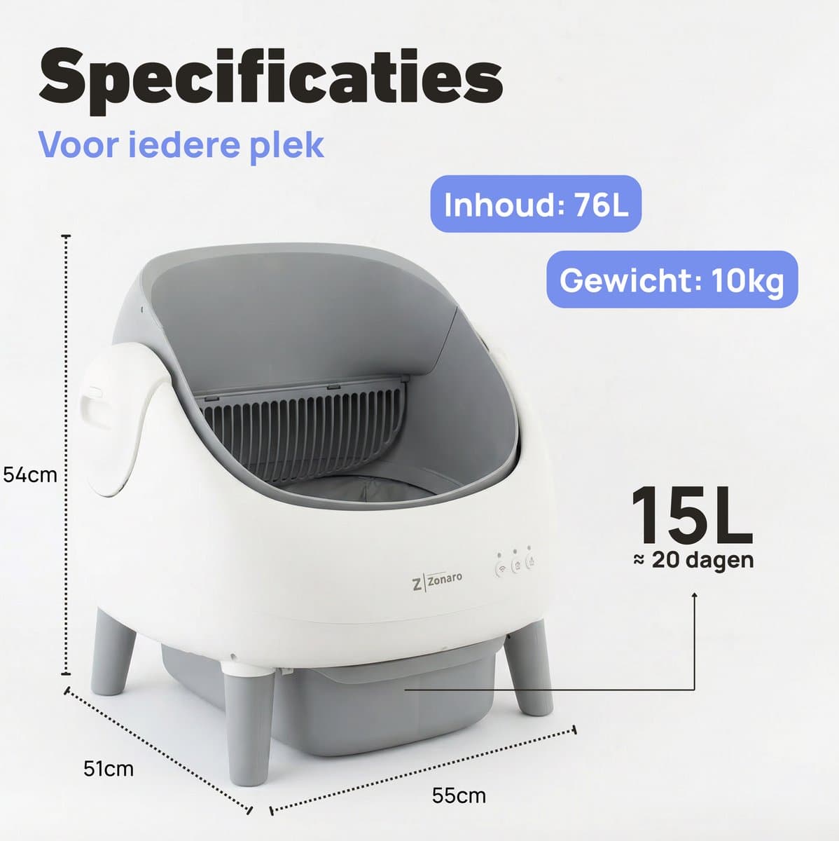 Zonaro Automatische Kattenbak – Zelfreinigende Kattenbak – Elektrische Kattenbak – Robot Kattenbak – XXL – Met App Bediening – Inclusief Kattenbak Mat & Zakken – Wit/Grijs thumbnail 8