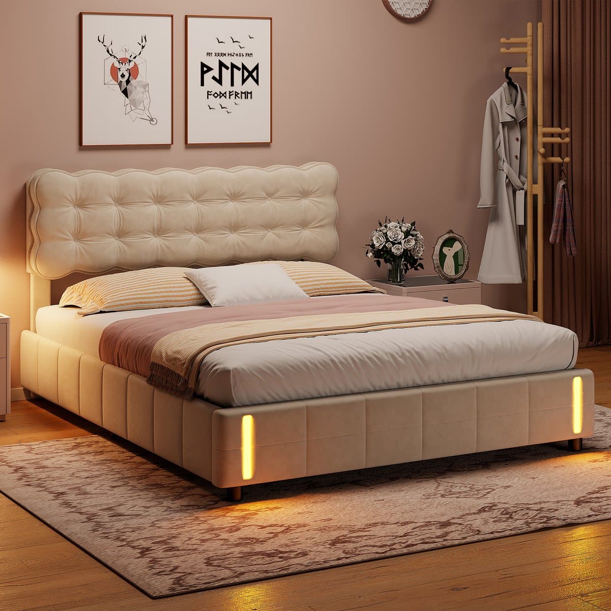 Opbergbed 160x200 cm beige fluweel met hydraulische opbergruimte, LED-verlichting en gestoffeerd hoofdbord, modern tweepersoonsbed thumbnail 5