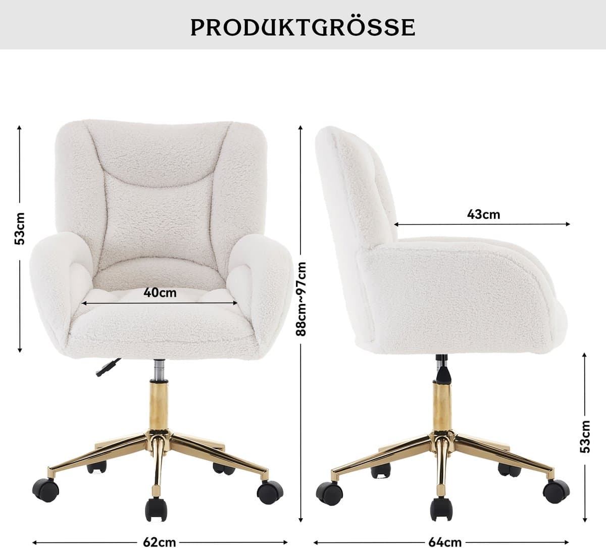 STILVORA Bureaustoel – Draaibare Kantoorstoel – Hoogteverstelbaar Met Gouden Poten – Ergonomische Comfortabele Zitting Voor Home-Office En Thuiswerk – Teddy Stof – Wit thumbnail 3