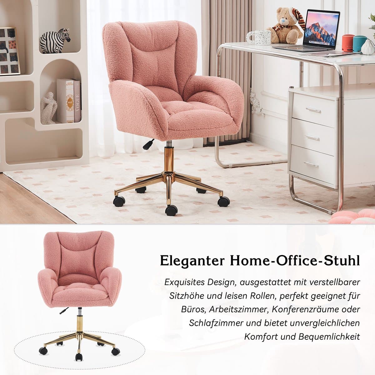 STILVORA Bureaustoel – Draaibare Kantoorstoel – Hoogteverstelbaar Met Gouden Poten – Ergonomische Comfortabele Zitting Voor Home-Office En Thuiswerk – Teddy Stof – Roze thumbnail 4