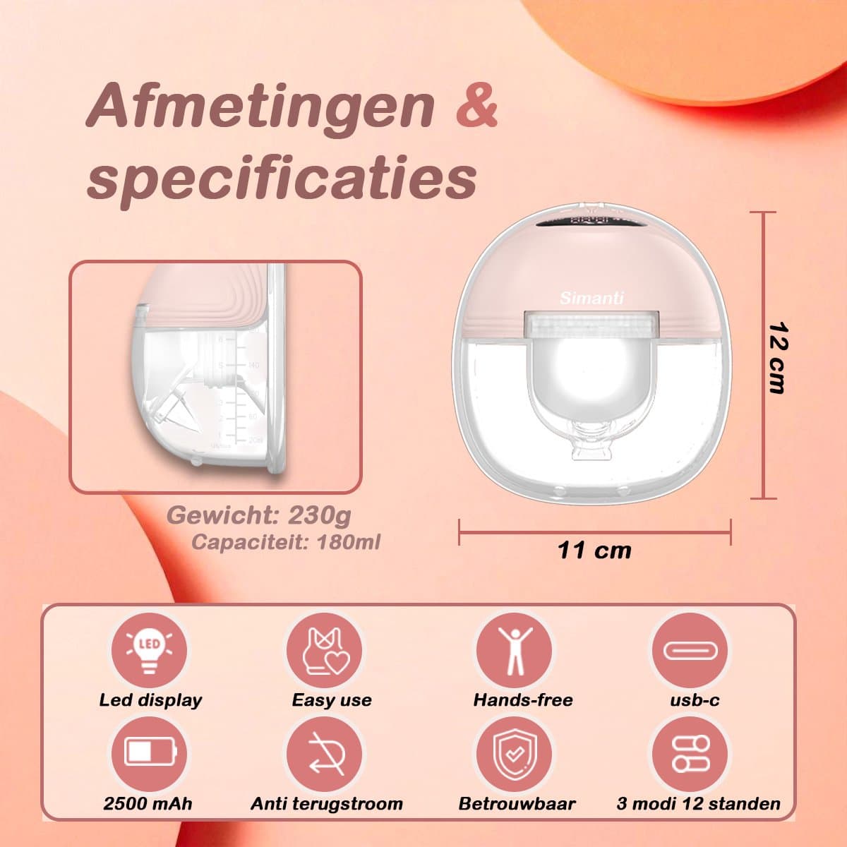 Simanti Elektrische Borstkolf - Draadloze Handsfree Borstkolf - 2 stuks - Borstpomp - Kolfapparaat - USB-C - BPA-vrij thumbnail 2