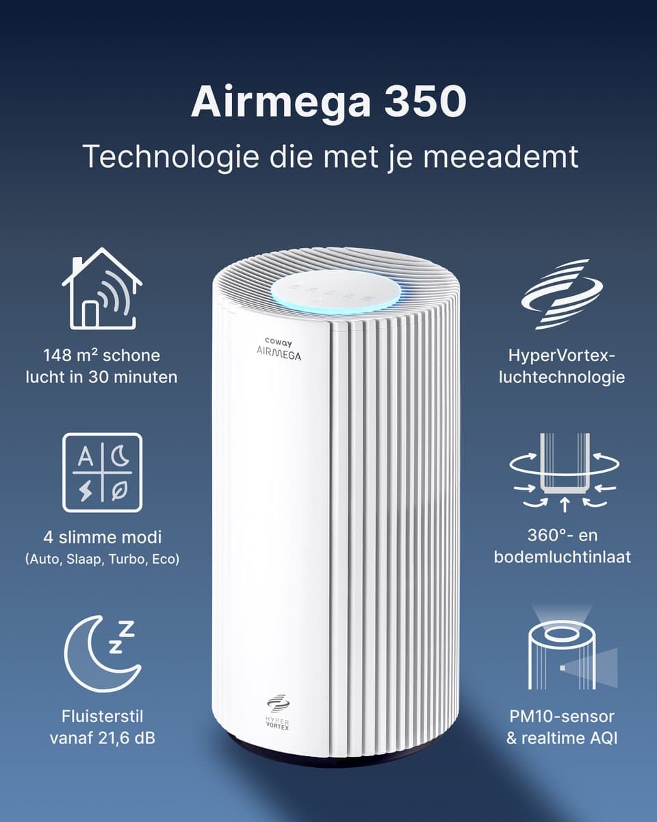 Coway Luchtreiniger – AIRMEGA 350 – met HEPA filter – Air Purifier – CADR 713 m³/u – voor grote ruimtes (tot 148 m²) – PM10 sensor – energiebesparende modus – Wit thumbnail 3