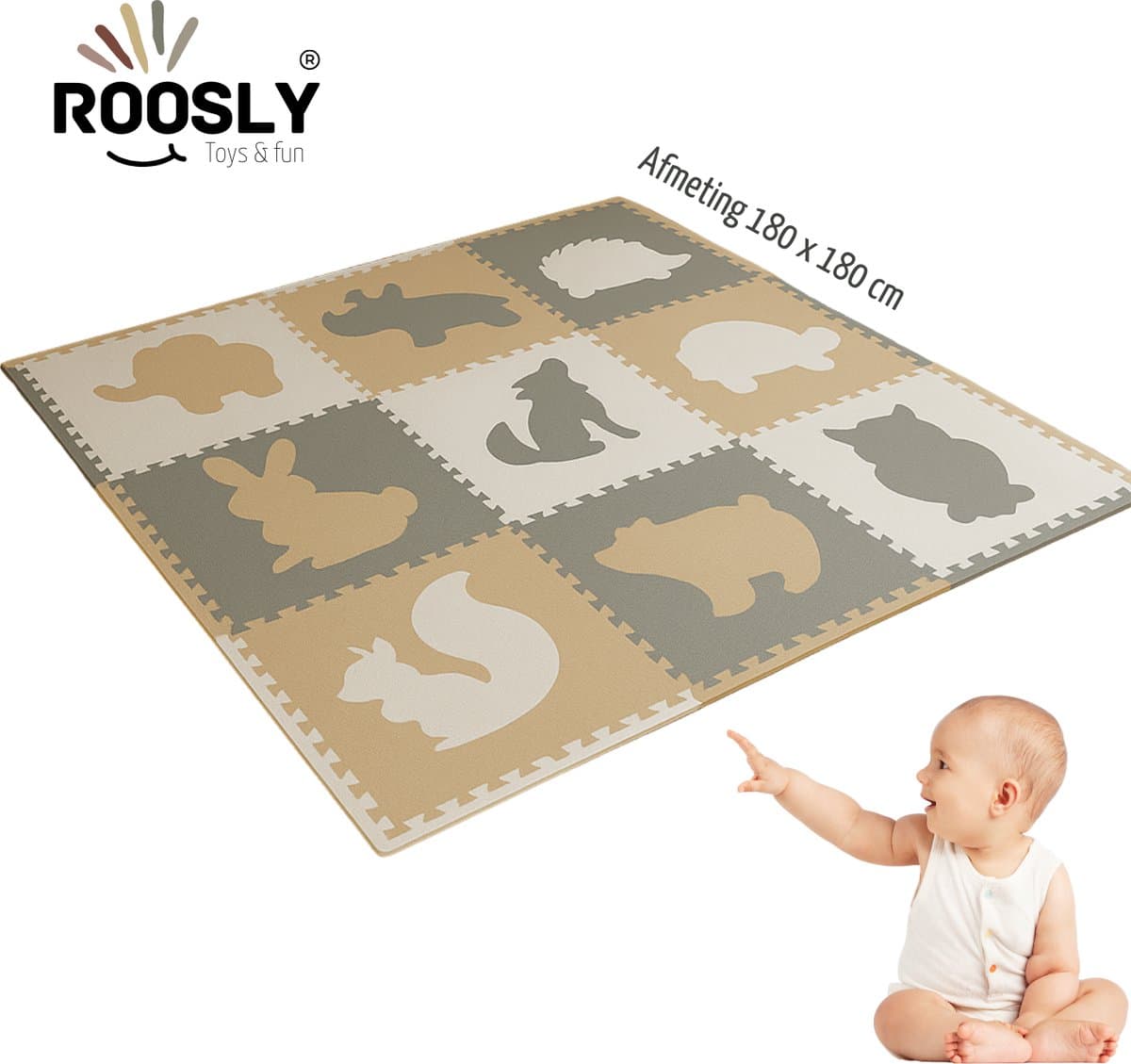 Roosly Speelmat Baby - Speelkleed Baby - babygym - kruipmat - playmat - Foam vloerpuzzel 180 x 180 cm - Inclusief Opbergtas - speelgoed - Veilig & Zacht - Pastel beige & groen