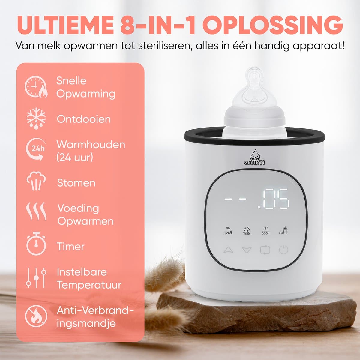 Mellons Flessenwarmer - Fles verwarmer 37°C tot 80°C - Baby bottle warmer - Babyvoeding - Opwarmen, warmhouden, ontdooien en steriliseren - Flessen sterilisator - Calora - Wit thumbnail 2