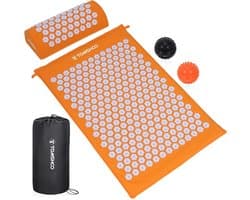 Productfoto van Acupressuurmattenset, Shiatsu-massagemat, acupunctuurmassagemat met hoofdkussen en 2 massageballen, tas, voor verlichting van rugpijn, hoofd-nekpijn, spanning verlichten