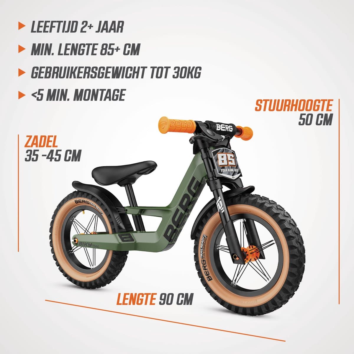 BERG Biky Trail Loopfiets - 12 inch - Lichtgewicht magnesium frame - Incl. Handrem - Verstelbaar zadel - 2 tot 5 jaar - Groen/Oranje thumbnail 4