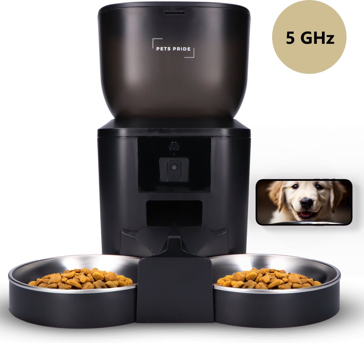 Pets Pride Automatische voerbak kat en hond - Voerautomaat - Dubbele voederbak met Full HD camera - Motion detection - Zwart - 5 GHz
