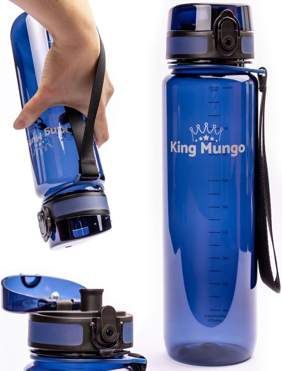 King Mungo Drinkfles 1 Liter Transparant Donkerblauw - 100% Lekvrij & BPA-vrij Tritan - Waterfles & Sport Bidon Volwassenen -Vaatwasserbestendig Zonder Rietje - Drinkbus 1000ml