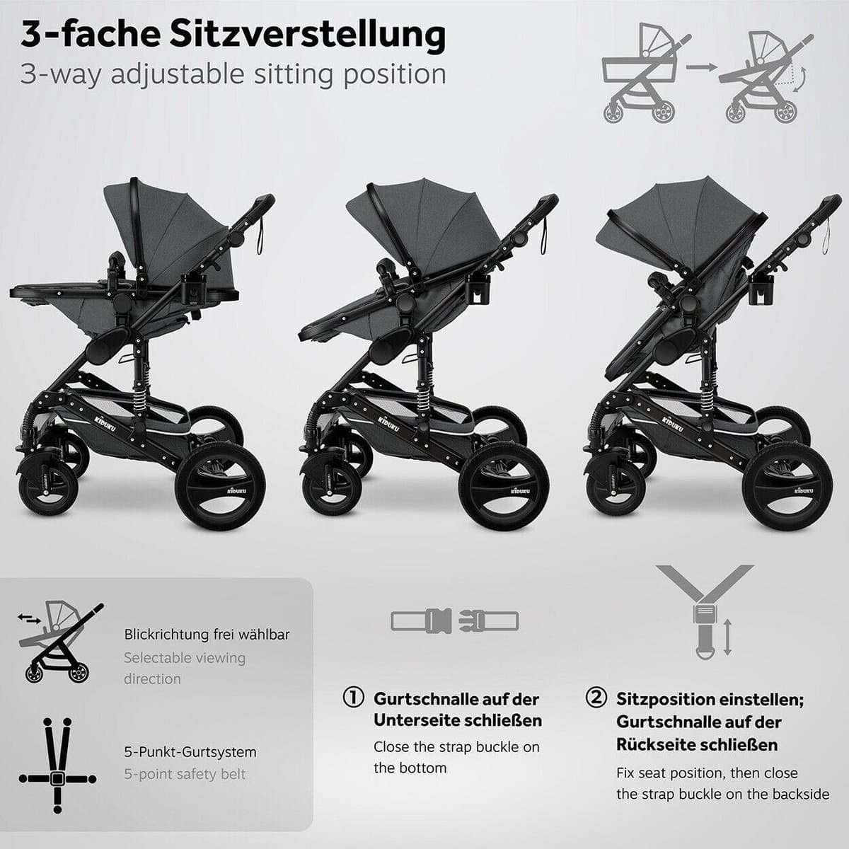 KIDUKU- 3 in 1 combi-kinderwagen- antraciet/zwart buggy incl. autostoeltje-regenhoes- inklapbaar thumbnail 8