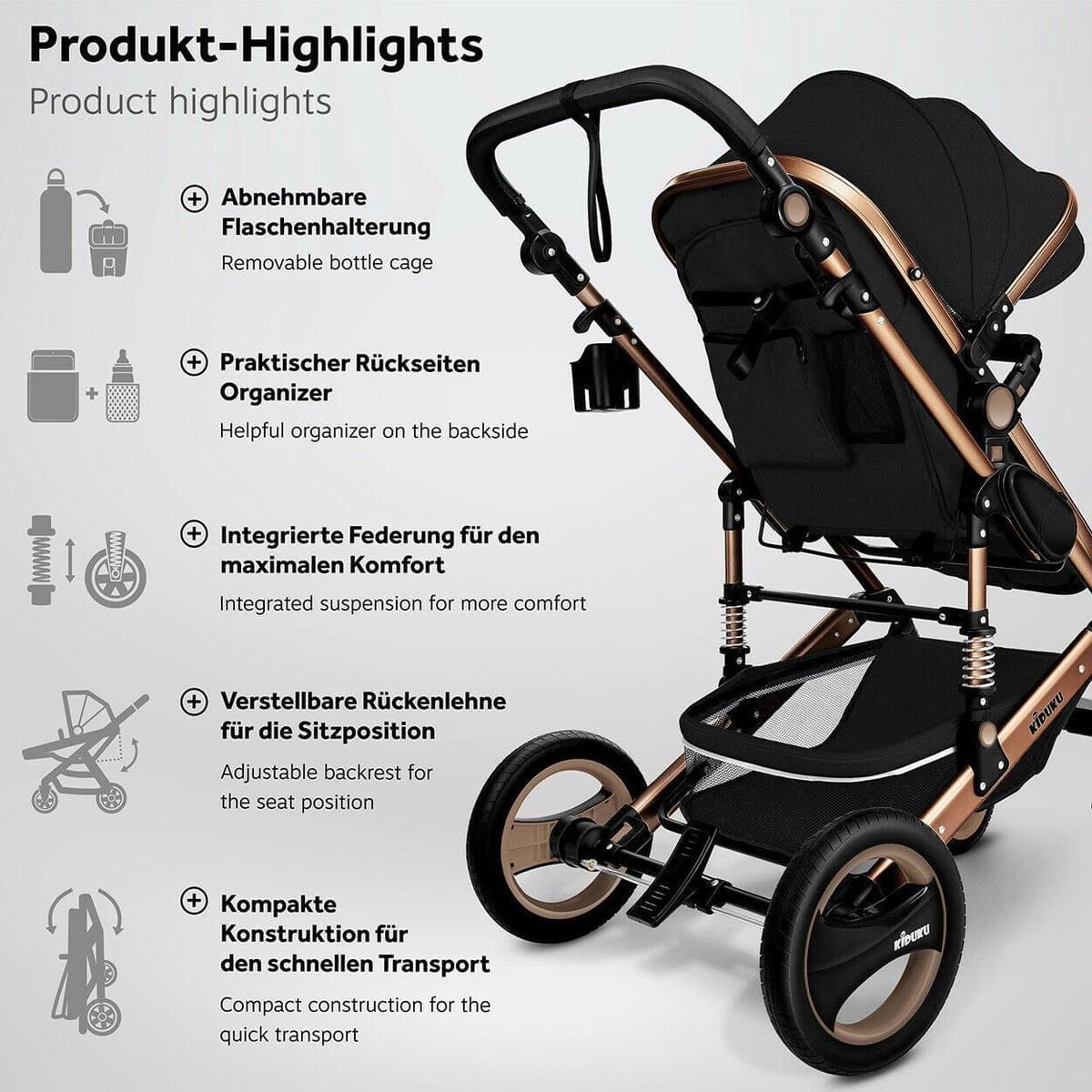 KIDUKU- 3 in 1 combi-kinderwagen- zwart/goud- buggy incl. autostoeltje-regenhoes- inklapbaar thumbnail 6