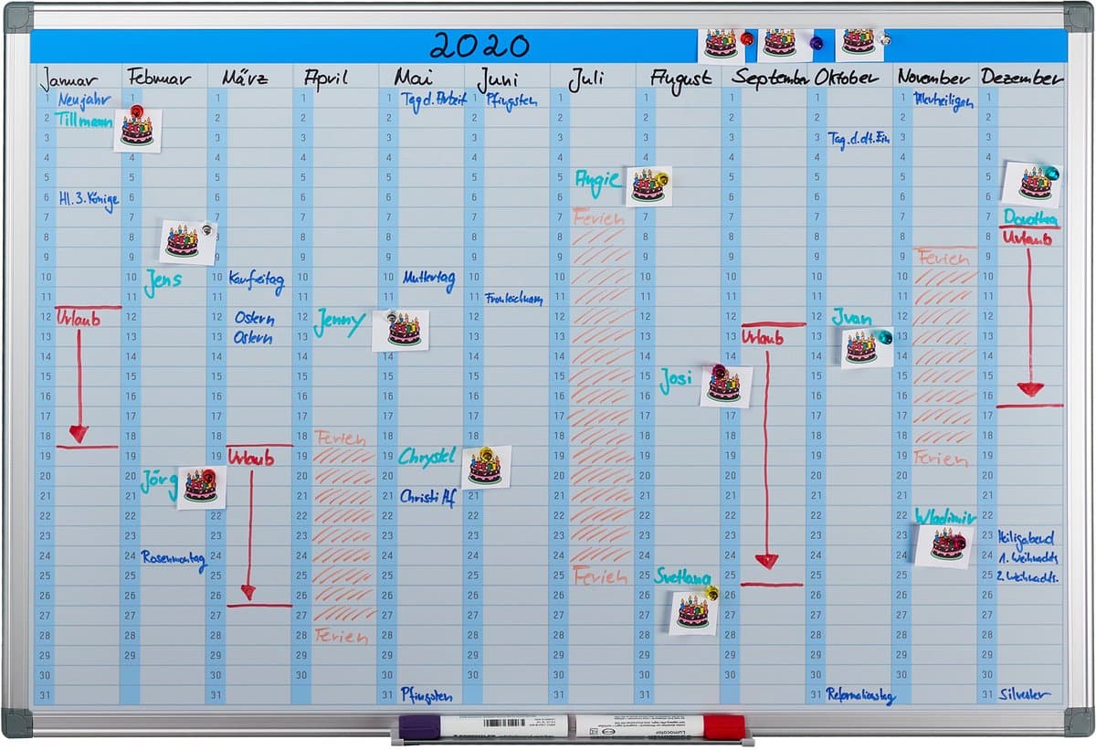 whiteboard planner - jaarplanner - magnetisch - pennenbakje - 60 x 90 cm - wit - afbeelding 1