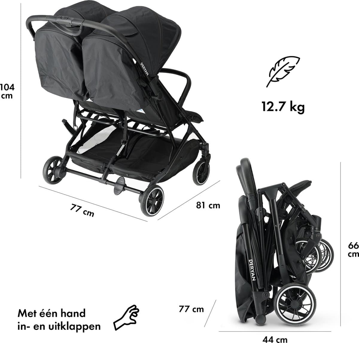 Deryan Rolo X2 Duo Buggy - 2 persoons - Compact & lichtgewicht - Zwart thumbnail 5