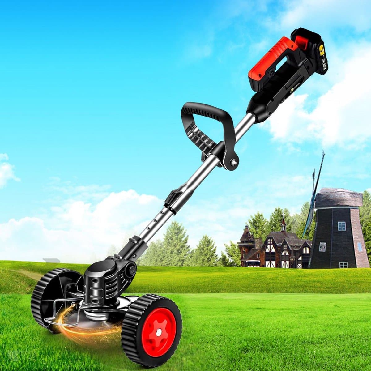 MKSS® Zweefmaaier - Bosmaaier Electrisch - Grastrimmer met Accu - Grasmaaier - Handmaaier met Wielen - Zwart met Rood thumbnail 2