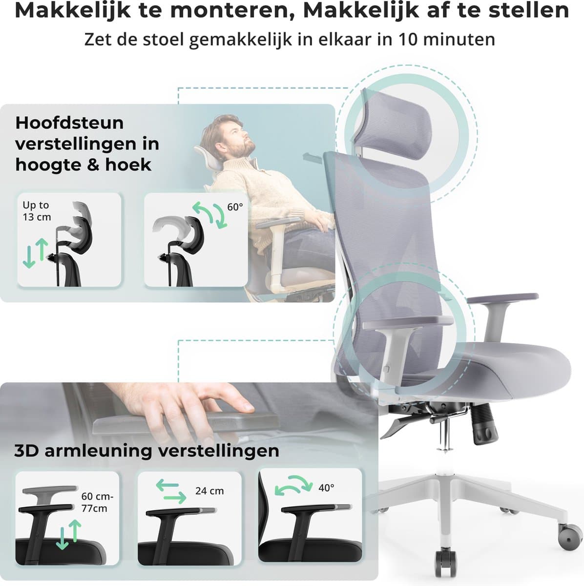 Backerz Mesh Ergonomische Bureaustoel Wit - Bureaustoelen voor Volwassenen tot 150kg - Office Chair - Gamestoel - NEN-EN1335 Gecertificeerd thumbnail 4