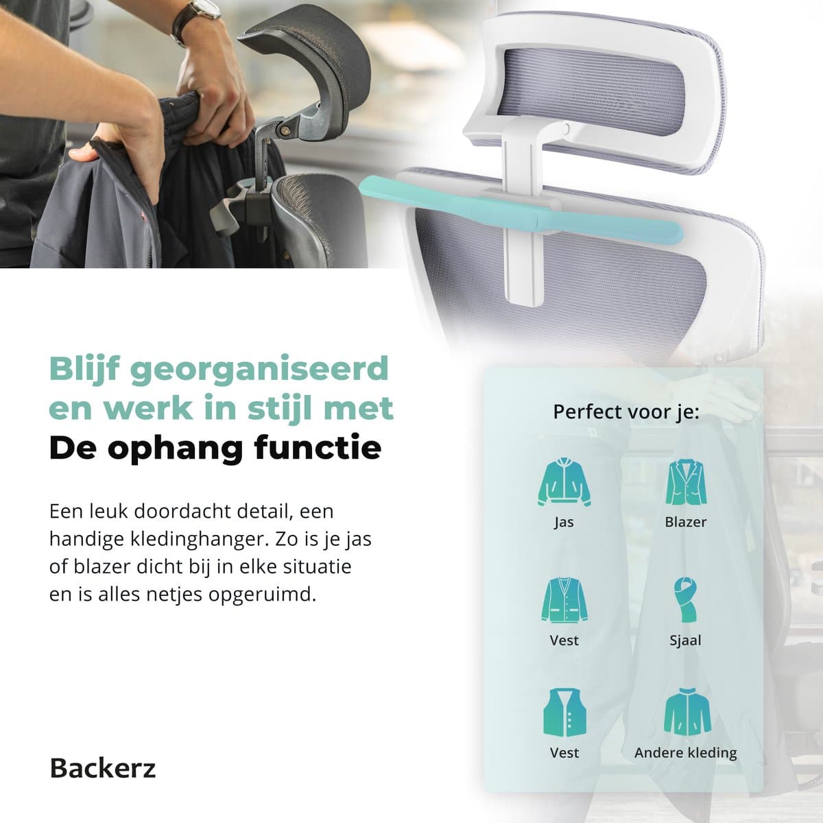 Backerz Mesh Ergonomische Bureaustoel Wit - Bureaustoelen voor Volwassenen tot 150kg - Office Chair - Gamestoel - NEN-EN1335 Gecertificeerd thumbnail 8