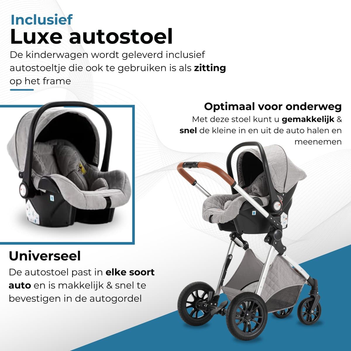 Lunola Nova - Kinderwagen 3-in-1 - incl. autostoel - 0-20kg - XXL - Multifunctionele Buggy 3in1 - Lichtgrijs thumbnail 6