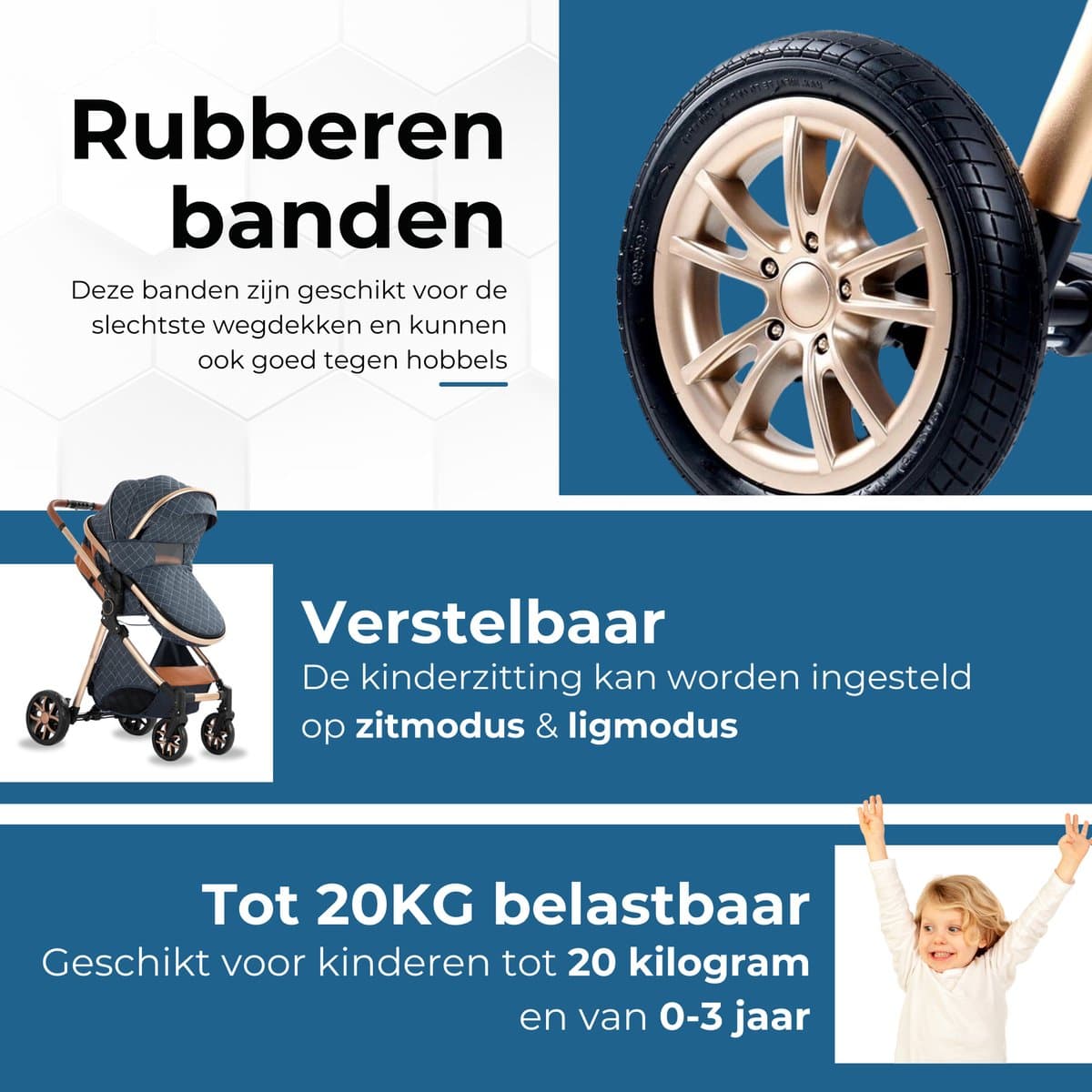 Lunola Nova - Kinderwagen 3-in-1 - incl. autostoel - 0-20kg - XXL - Multifunctionele Buggy 3in1 - Blauw thumbnail 4